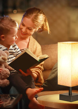 aooshine Small Bedside Table Lamp for Bedroom - Square Cream Fabric Shade | Inline Rocker Switch, Corded Electric, Bulb Not Included, 12.8" Mini Table Lamp for Nightstand, Desk, Dorm, Office