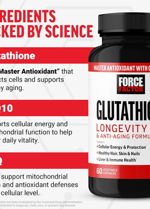 Force Factor Glutathione Longevity & Anti-Aging Supplement | Reduced Glutathione with CoQ10 & PQQ, Antioxidant Formula, Support Immune Health & Skin, 60 Capsules