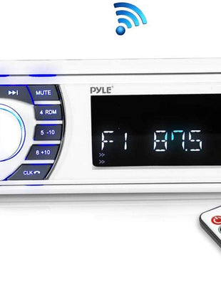 Pyle Bluetooth Marine Receiver Stereo - 12v Single DIN Style Boat In dash Radio Receiver System with Digital LCD, RCA, MP3, USB, SD, AM FM Radio - Remote Control, Wiring Harness - PLRMR23BTW (White)