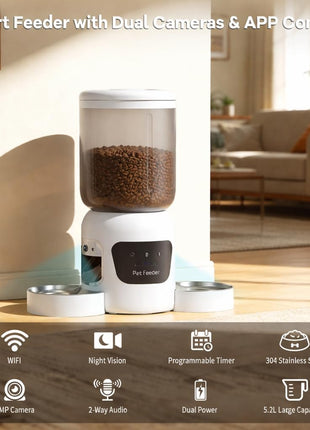 Automatic Cat Feeder with Camera, 5.2L Smart Food Dispenser for Cat & Dog | 1080P HD Video with Night Vision, 2.4G/5G WiFi Pet Feeder, 2-Way Audio & Meal Call Pet Food Dispenser, Motion Capturing