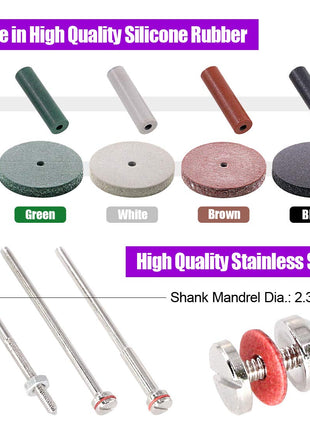 Swpeet 46Pcs Polishing Wheels Kit, 40Pcs 4 Colors Mixed Lab Beauty Silicone Rubber Polishing Wheels and Polishing Particle + 6 Mandrel Shank Perfect for Rotary Hand Pieces Rotary Tool