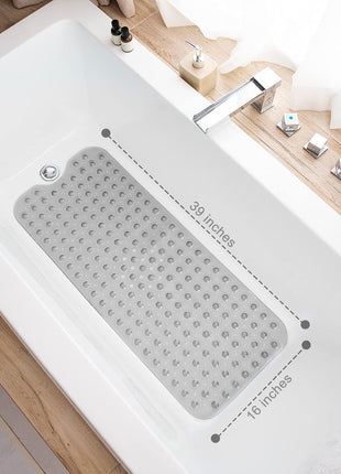 TEESHLY Bathtub Mats for Shower Tub, Extra Long Non Slip 39 x 16 Inch Bath Mat with Drain Holes and Suction Cups, BathMat for Bathroom with Machine Washable (Clear Grey)