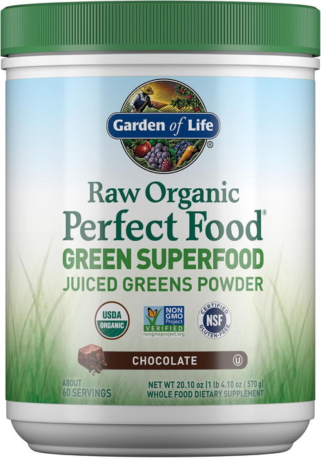 Garden of Life Raw Organic Perfect Food Chocolate Powder, 60 Servings | Juiced Cereal Grasses, Plant Based Green Supplements for Immune Support and Digestive Support, Green Superfood