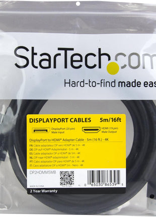StarTech.com DisplayPort to HDMI converter cable - 5m (16 ft) - DP to HDMI Adapter with Built-in Cable - (M / M) Ultra HD 4K