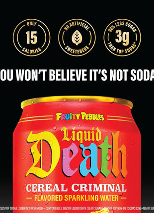 Liquid Death Soda-Flavored Sparkling Water - Cereal Criminal (Fruity Pebbles, Cream), Less Sugar*, Huge Flavor, No Caffeine, No Artificial Sweeteners, 12 Fl Oz (Pack of 12)