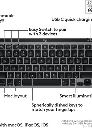 Logitech MX Keys Mini for Mac Minimalist Wireless Keyboard - Space Grey | Compact, Bluetooth, USB-C, tactile typing, compatible with MacBook Pro, MacBook Air, iMac, iPad