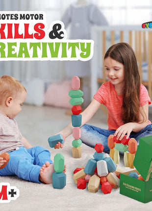 36 Pcs Wooden Stacking Blocks – Montessori Toys for 1 2 3 4 5 6 Year Old Toddlers and Kids, XL Rocks, No Choking Hazard – Sensory STEM Building Stones, for Girls and Boys