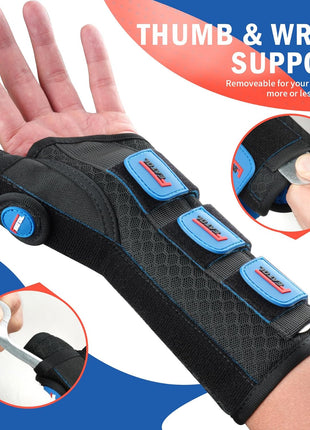 FEATOL Carpal Tunnel Wrist Brace Night Support, Thumb Spica Splint Right Hand for De Quervains Tenosynovitis, Tendonitis, Thumb Brace for Women Men, Black Blue, Small/Medium