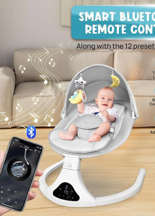 Electric Baby Swing with Remote Control,5 Speeds&Portable&Cozy(0-12M,Grey) | Safety lock&secure harness,12 melodies&Bluetooth,8/15/30min timer,lightweight indoor/outdoor,soft washable seat,easy assembly