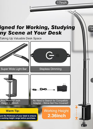 Airlonv LED Desk Lamp for Office Home, Eye-Caring Desk Light with Stepless Dimming Adjustable Flexible Gooseneck, 10W USB Adapter Desk Lamp with Clamp for Reading, Study, Workbench (Black)