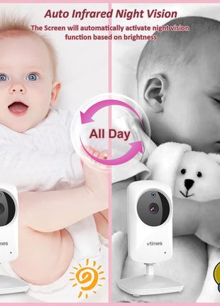 VTimes Baby Monitor with Camera and Audio, No WiFi, 2.4inch LCD Screen, Two-Way Talk, Portable, Night Vision, 1000ft Range, Temperature Sensor, Alarm and Lullaby, for Baby Shower