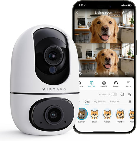 VIRTAVO Pet Camera Indoor WiFi 6, No Subscription, for Dogs Cats | Dual Band 2.4/5GHz, 360° Auto Tracking, Pet Call, Dual Lens, 2-Way Audio, Night Vision, SD & Cloud, Wired