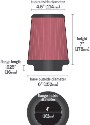 K&N High-Flow Original Lifetime Universal Clamp-On Air Filter: High Performance, Premium, Washable: Flange Diameter: 4 In, Filter Height: 7 In, Flange Length: 0.625 In, Shape: Round Tapered, RF-1015