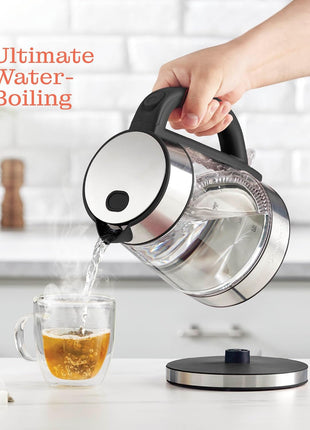 Speed-Boil Electric Kettle For Coffee & Tea - 1.7L Water Boiler 1500W, Borosilicate Glass, Easy Clean Wide Opening, Auto Shut-Off, Cool Touch Handle, LED Light. 360° Rotation, Boil Dry Protection