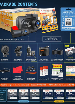 ROVE R2-4K DUAL Dash Cam Front and Rear, STARVIS 2 Sensor, FREE 128GB Card Included, 5G WiFi - up to 20MB/s Fastest Download Speed with App, 4K 2160P/FHD Dash Camera for Cars, 3" IPS, 24H Parking Mode