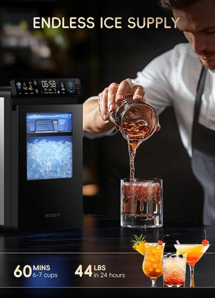 ecozy Smart Nugget Ice Maker Countertop, First Full-Color Smart Panel Ice Machine with APP Control, Double-Layer Insulation, 44 lbs/24H Soft Pellet Chewable Ice, Pull-Out Water Tank, Self-Cleaning