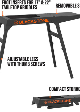 BLACKSTONE 5013 Collapsible 17 inch and 22 inch Tabletop Griddle Stand with Adjustable Legs and a Removable Side Shelf, Powder Coated Steel, Black