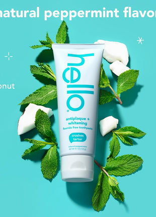 hello Antiplaque and Whitening Fluoride Free Toothpaste, Whitening Toothpaste with Coconut Oil and Tea Tree Oil, Helps Whiten Teeth, Natural Peppermint, 3 Pack, 4.7 Oz Tubes