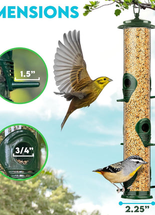 Bird Feeders for Outdoors (Green) Squirrel Proof Hanging Bird Feeder with Locking Lid & Adjustable Hanger, Chew-Proof, Weather Resistant 15 Inches 6 Port