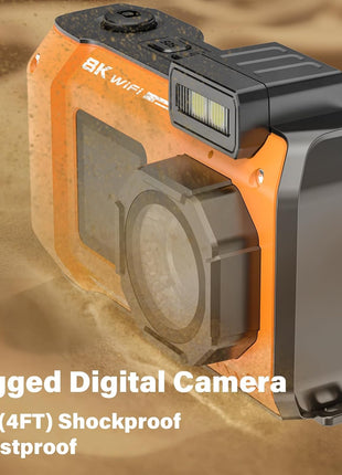 8K UHD 70MP WiFi Digital Camera with 64GB Card Rugged Waterproof Dustproof Shockproof 33FT Underwater Camera Dual-Screen Selfie for Snorkeling Autofocus Point and Shoot Digital Camera (Orange)