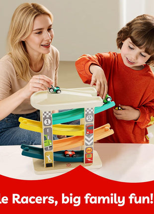 TOP BRIGHT Wooden Car Ramp Track with Cars, Montessori Toy for Toddlers 1-3 | Wooden Race Track Set Includes Cars & Garage, Montessori Learning Toy for Ages 18+ Months, Suitable for Boys & Girls