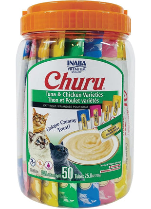 INABA Churu Cat Treats, Lickable, Squeezable Creamy Purée Cat Treat with Green Tea Extract & Taurine, 0.5 Ounces Each Tube, 50 Tubes, Tuna & Chicken Variety