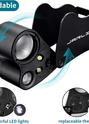 JARLINK 2 Pack Jewelers Loupe, 30X 60X 90X Illuminated Jewelers Eye Magnifier and Magnifying Glass Loop with UV Black Light and Bright LED Light for Gems, Jewelry, Diamond, Coins, Stamps (Black)