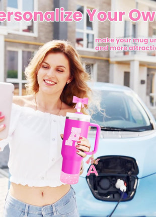 6PCS Pink Stanley Cup Accessories Set, Initials Decorations for Stanley Cup 30oz 40oz, Includes Bow Straw Topper, Handle Charm, Letter Sticker, Silicone Boot, Spill Proof Stopper (Letter A)