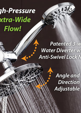 AquaDance 7 inch Premium High Pressure 3-Way Rainfall Combo for The Best of Both Worlds - Enjoy Luxurious Rain Showerhead and 6-Setting Hand Held Shower Separately or Together - Chrome Finish - 3328