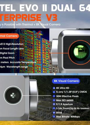 Autel Robotics EVO II Dual 640T Enterprise V3 w/Strobe/Spotlight/Loudspeak | 640*512 30Hz T~hermal&8" RYYB CMOS Sensor,10 Color Schemes, 4X lossless Zoom, 42 Min,15KM, Support Remote ID