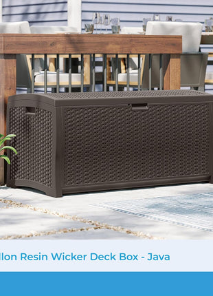 Suncast DBW9200 99 Gallon Outdoor Wicker Plastic Patio Storage Chest Bin with Handles for Patio, Garden, Garage, or Pool for All Weather, Mocha