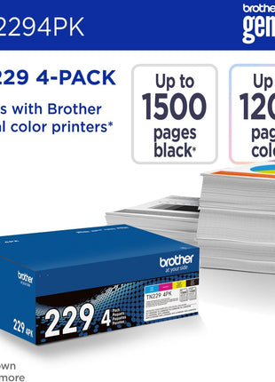 Brother Genuine TN2294PK Standard Yield 4-Pack Printer Toner Cartridges - Black, Cyan, Magenta, Yellow Toner Multipack