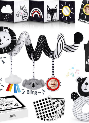 Joyreal High Contrast Baby Toys for Newborn, Black and White Baby Sensory Toys with Car Seat Toys,Infant Toys with Black White Cards Book, Montessori Toys for Baby Gifts