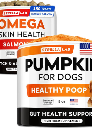 Omega 3 + Pumpkin Dogs Bundle - Allergy & Itch Relief Skin&Coat Supplement + Stool Consistency and Softener - Dry Itchy Skin, Hot Spots Treatment + Diarrhea,Constipation - 180 ct + 8.1oz - Made in USA