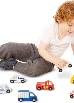 Melissa & Doug Wooden Town Vehicles Set in Wooden Tray (9 pcs)