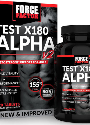 Force Factor Test X180 Alpha v2 Testosterone Booster for Men | T-Supplement to Help Build Muscle, Strength, Boost Nitric Oxide, and Support Daily Performance, 120 Tablets