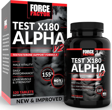 Force Factor Test X180 Alpha v2 Testosterone Booster for Men | T-Supplement to Help Build Muscle, Strength, Boost Nitric Oxide, and Support Daily Performance, 120 Tablets