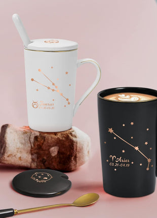 YHRJWN - Aries Zodiac Sign Star Coffee Mug, Aries Gifts for Women, Men & Teens, Mar-Apr Birthday Gifts for 12 Horoscope Lovers, 14 Oz Black Cup with Gift Box