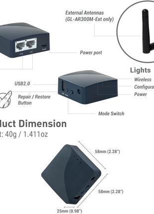 GL.iNet GL-AR300M16-Ext Portable Mini Travel Wireless Pocket Router - WiFi Router | OpenWrt | 2 x Ethernet Ports | OpenVPN/Wireguard VPN for Public & Hotel Wi-Fi | USB 2.0 Port | 2 x External Antennas