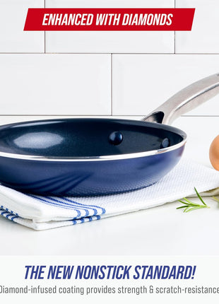 Blue Diamond 8" Nonstick Frying Pan Skillet, Diamond Infused PFAS-Free Ceramic, Dishwasher & Oven Safe, Stainless Steel Handle, Durable Non Toxic Metal Utensil Safe, Egg & Omelet Pan, Blue