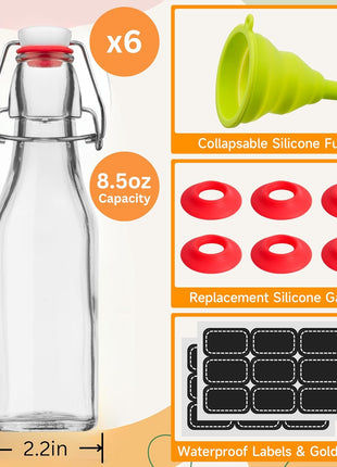 WILLDAN Set of 6 8.5oz Swing Top Glass Bottles   Flip Top Brewing Bottles For Kombucha, Kefir, Vanilla Extract, Beer   Airtight Caps and Leak Proof Lids, Bonus Gaskets and Funnel