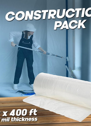 Painter's Plastic Film, 400' Length x 9' Width High, High Density Painters Plastic Sheeting Roll in Box with Dispense Hole for Easy Paint Plastic Covering