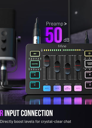 FIFINE Gaming Audio Mixer, Streaming RGB PC Mixer with XLR Microphone Interface, Individual Control, Volume Fader, Mute Button, 48V Phantom Power, for Podcast/Recording/Vocal/Game Voice-AmpliGame SC3