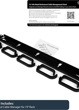 StarTech.com 19 inch Server Rack Cable Management Panel w/ D-Ring Hooks - 1U Horizontal or Vertical Wire and Cord Manager - Metal , TAA (CABLMANAGER2)