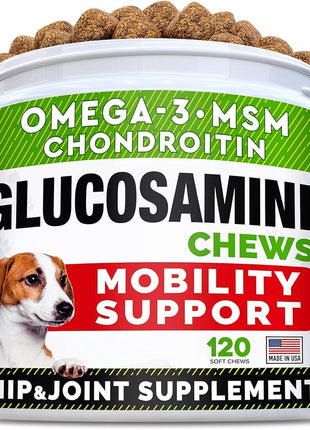 (Pack of 3) Glucosamine Treats for Dogs - Joint Supplement w/Omega-3 Fish Oil - Chondroitin, MSM - Advanced Mobility Chews - Joint Pain Relief - Hip & Joint Care - Chicken Flavor - Made in USA