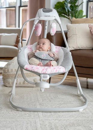 Ingenuity SimpleComfort Lightweight Compact 6-Speed Multi-Direction Baby Swing, Vibrations & Nature Sounds, 0-9 Months 6-20 lbs (Pink Cassidy) | Compact & Portable, Hands Free Soothing for Fussy Babies, Vibrations & USB Power for Newborns, 6-20 lbs
