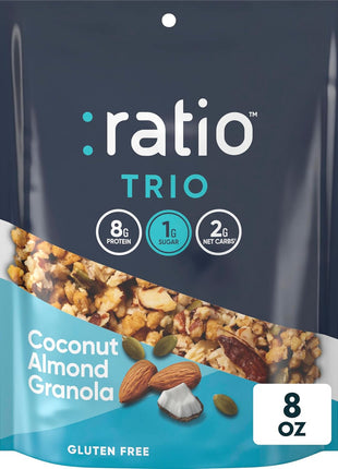 Ratio Trio Coconut Almond Granola Cereal, 1g Sugar, Keto Friendly, 8 oz Resealable Bag