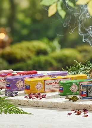 Satya Incense Gift Set Nag Champa, Super hit, Dragon's Blood, Sandalwood, Patchouli, Lavender, Positive Vibes, 15 g