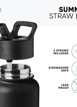 Simple Modern Water Bottle with Straw Lid Vacuum Insulated Stainless Steel Metal Cup Bottles | Reusable Leak Proof BPA Free Flask for Gym Sports | Summit Collection | 22oz, Midnight Black