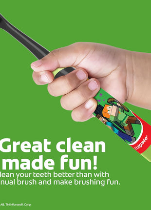 Colgate Kids Battery Powered Minecraft Toothbrush, Extra Soft | For Kids Ages 3 and Up, Extra Soft Bristles, Battery Powered, Easy On/Off Switch, Lay Flat Handle, Fun Minecraft Design